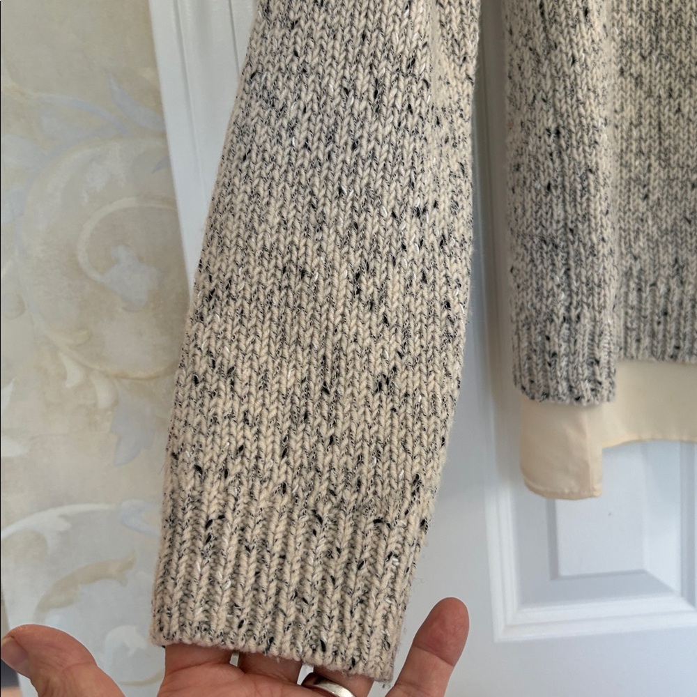 Club Monaco Wool Blend Marled Beige/Gray Knit Sweater with Cream Under Layer - Picture 3 of 11